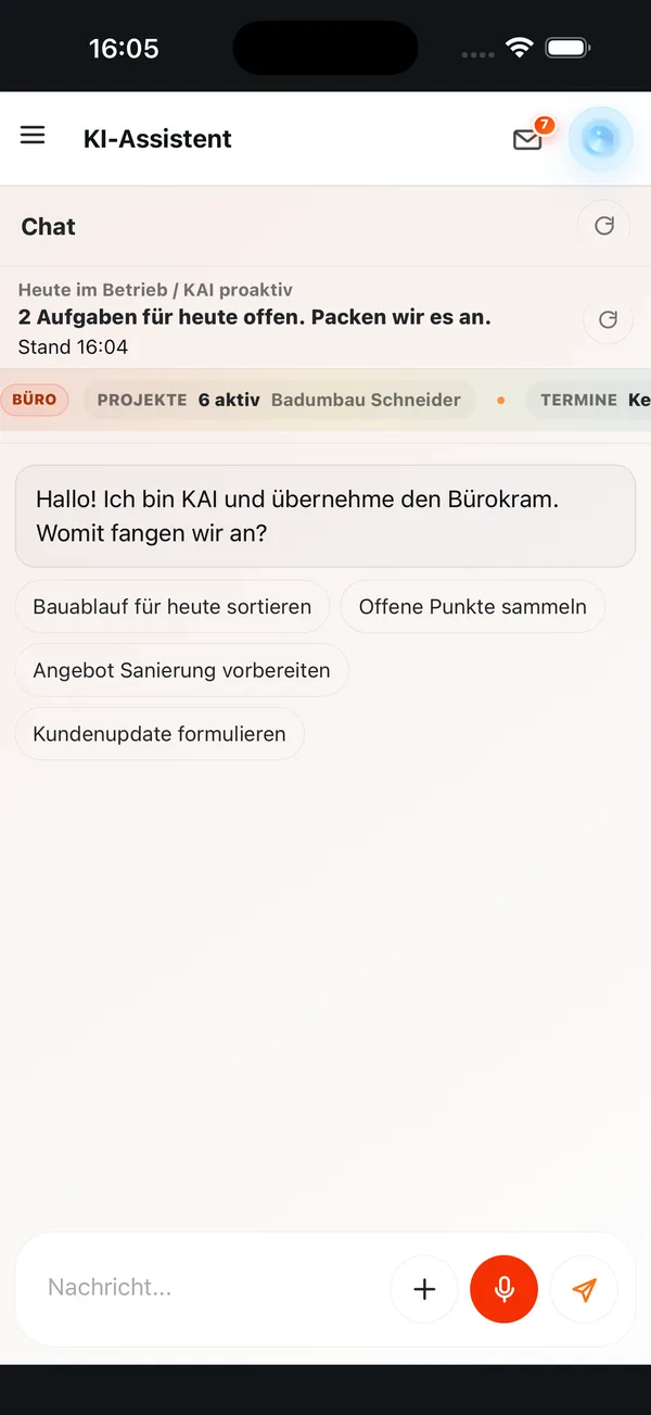 KI-Werk-App: KI-Assistent mit Vorschlägen wie Angebot Sanierung vorbereiten