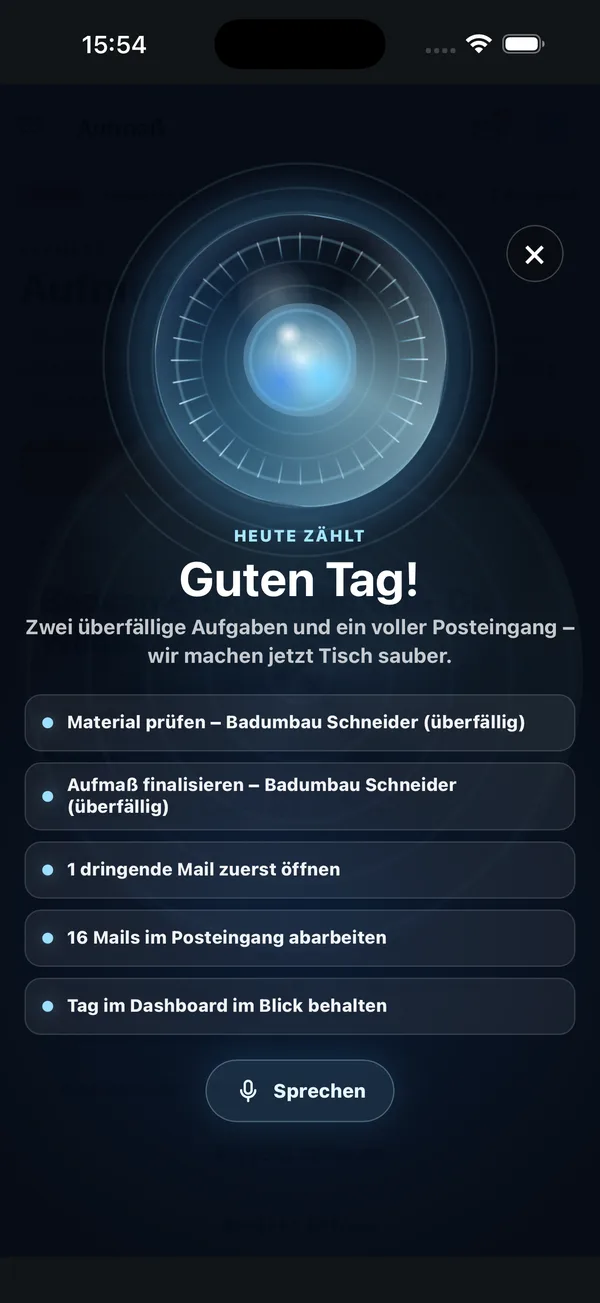KI-Werk-App: Tagesbriefing „Guten Tag!“ mit überfälligen Aufgaben und Posteingang