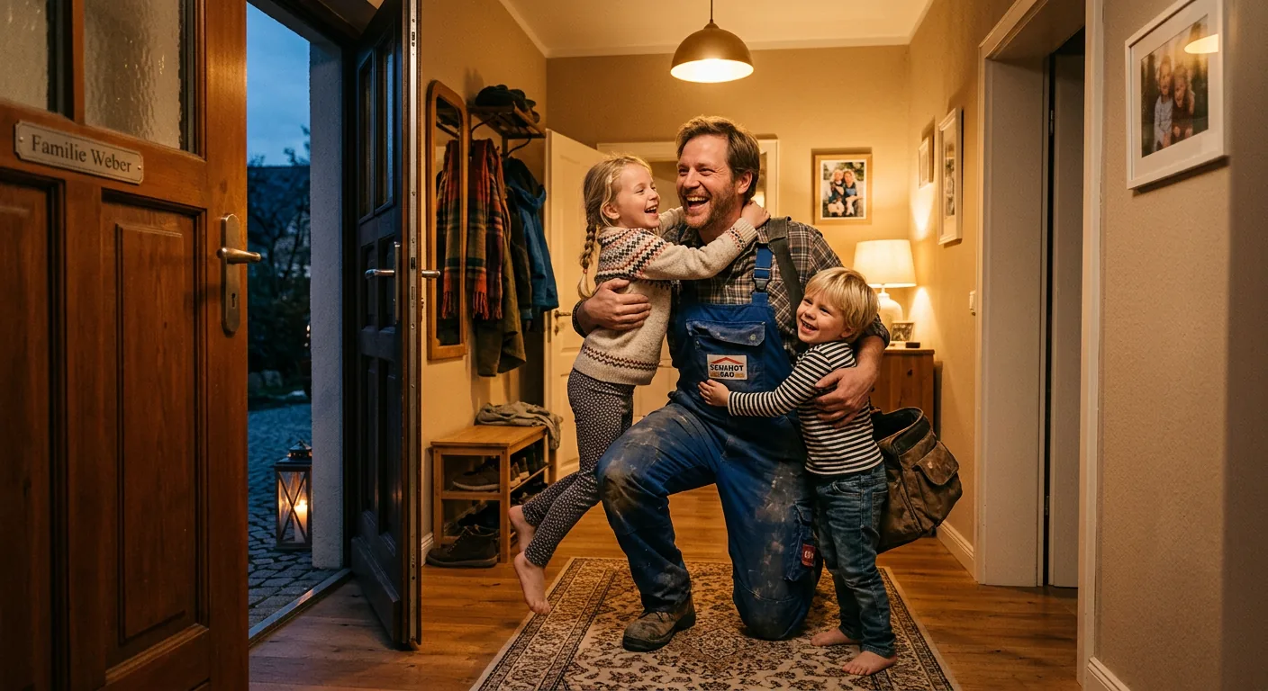 Handwerker kommt abends heim, Kinder rennen ihm entgegen