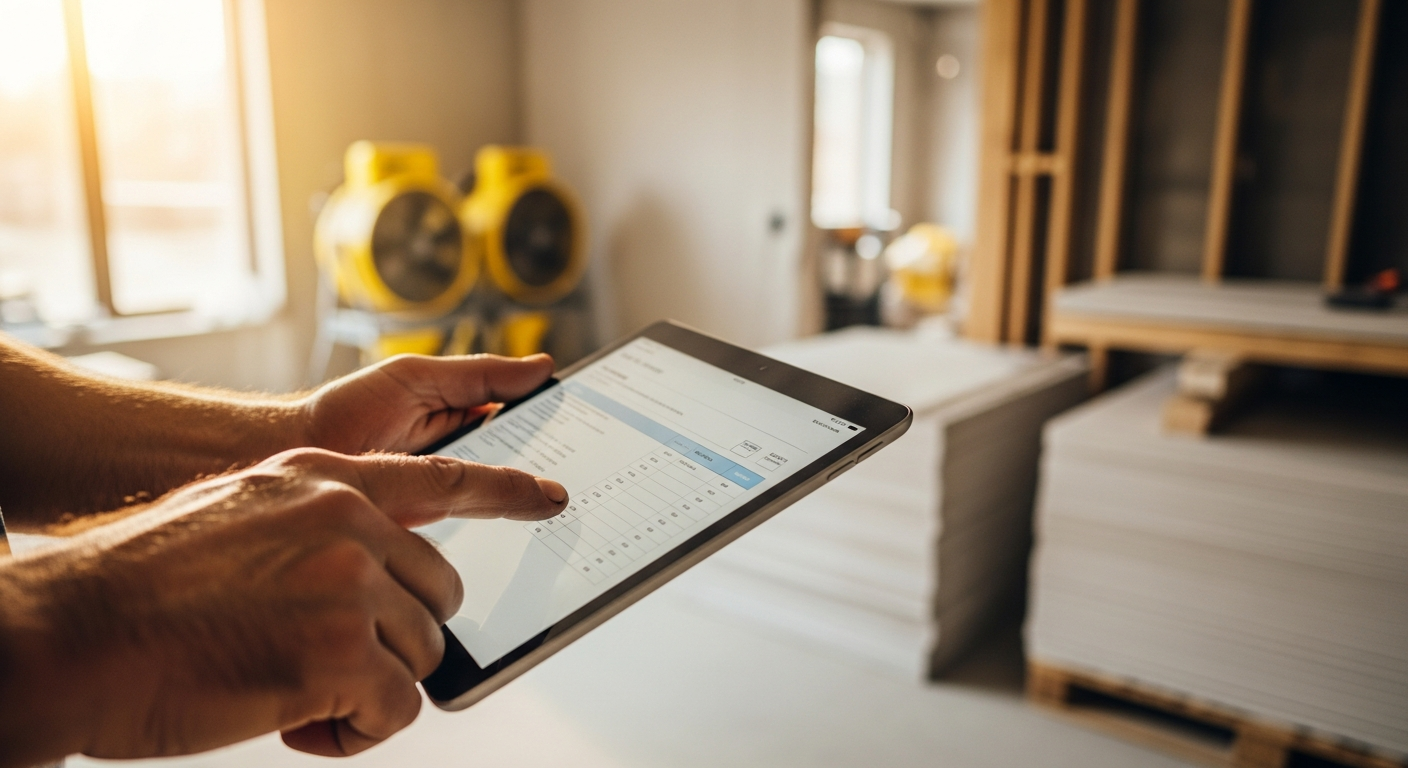 Handwerker nutzt Tablet auf Baustelle